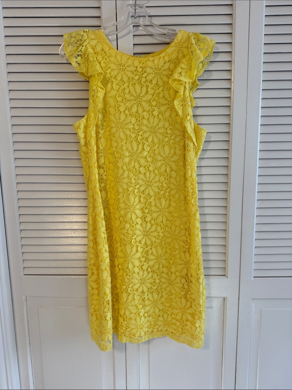 London Times Yellow Lace Ruffle Sleeve Sheath Dress 10